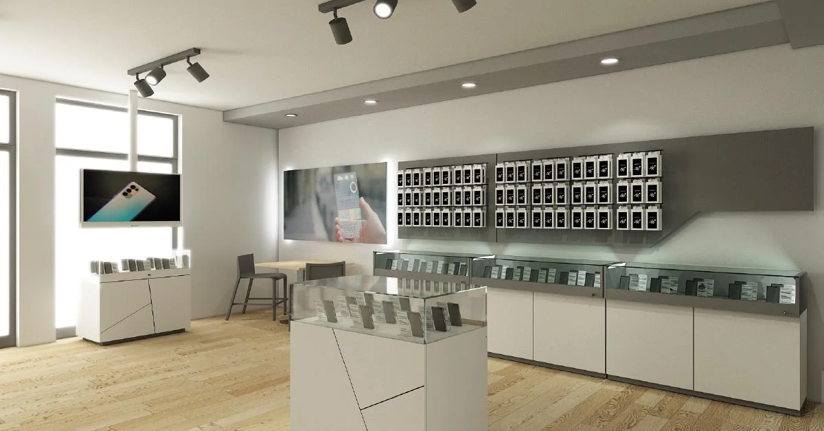 Design innovativo di banchi cassa per negozi di telefonia